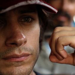 Gael Garcia Bernal on the bus heading through Guatemala (photo by Marc Silver)